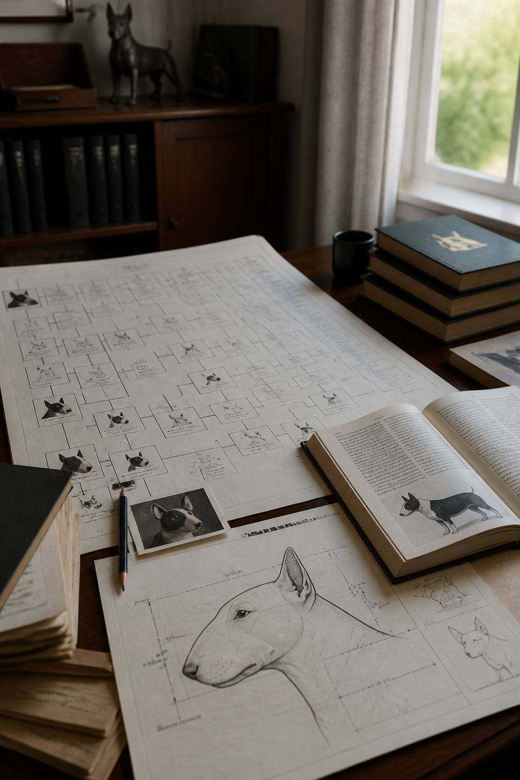 Tableau généalogique de Bull Terrier posé sur une table de travail, avec un standard de race imprimé et un profil de tête annoté