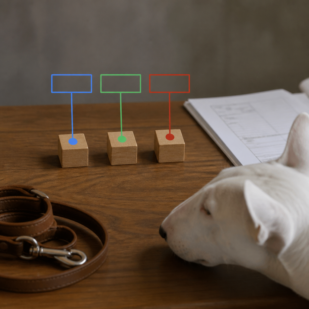 Schéma décomposant le nom complet d'un chien de race en trois parties : prénom, particule et affixe d'élevage