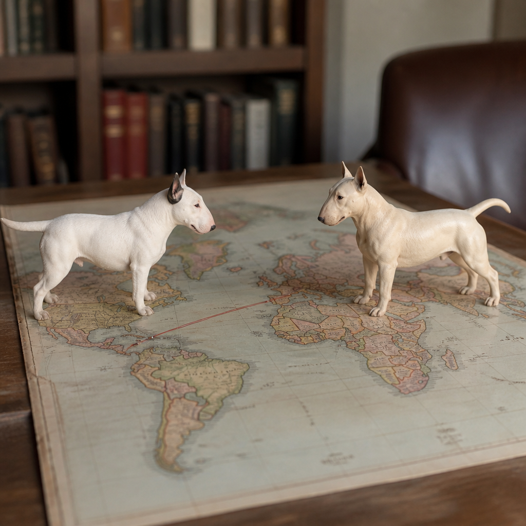 Carte documentaire comparant les deux traditions de sélection du Bull Terrier, branche britannique et branche nord-américaine