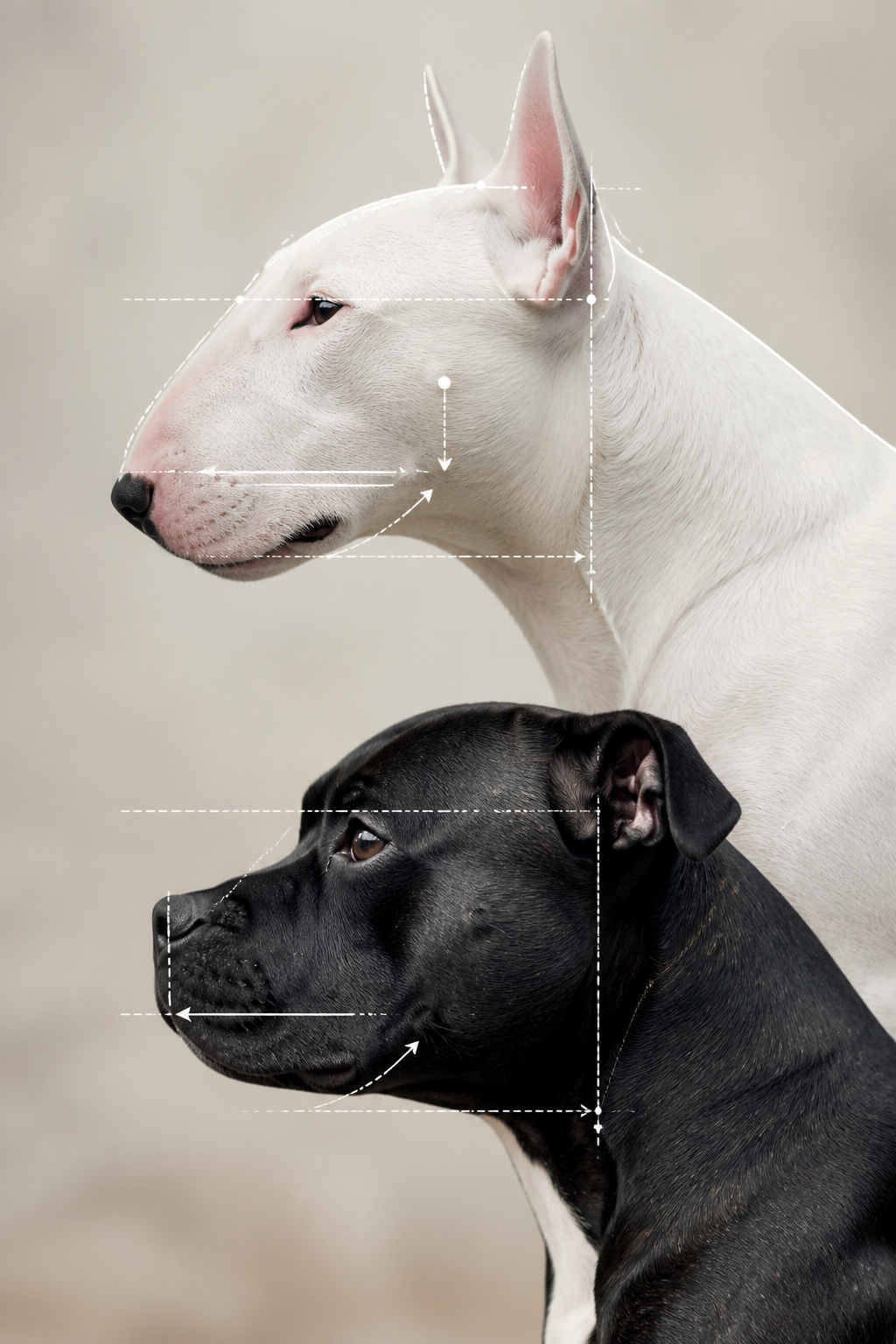 Comparatif documentaire des profils de tête du Bull Terrier et du Staffordshire Bull Terrier côte à côte avec annotations morphologiques