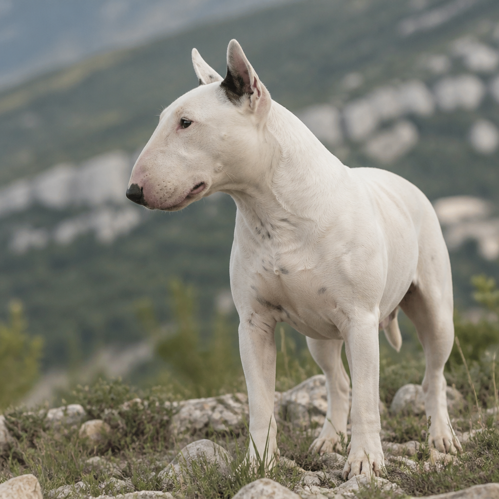Photographie documentaire d'un Bull Terrier adulte attentif en extérieur, illustrant l'expression et le port de tête typiques de la race