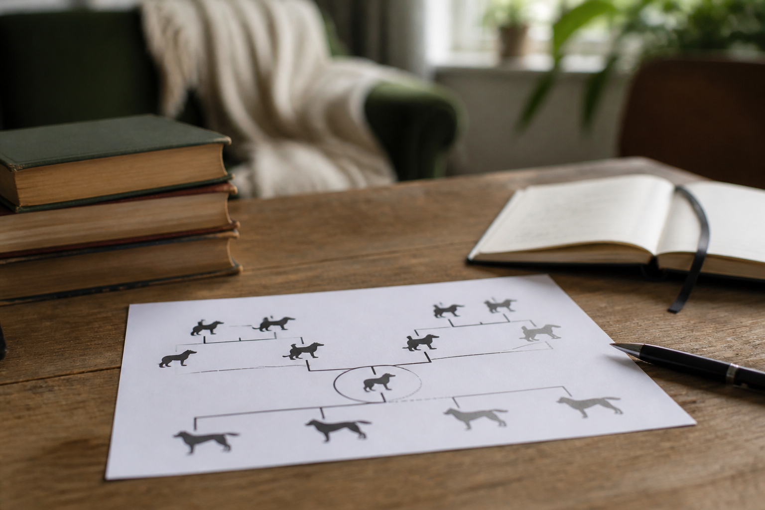 Schéma de calcul du coefficient de consanguinité canin avec un ancêtre commun apparaissant dans les deux branches d'un arbre généalogique