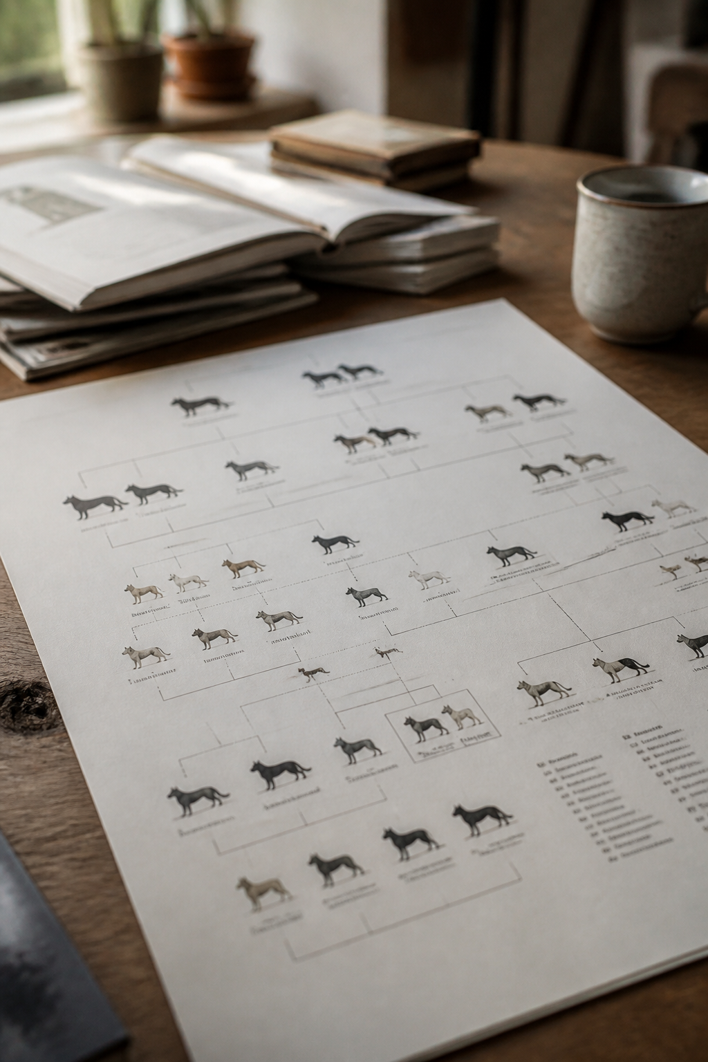 Planche typographique documentaire présentant les termes clés de la généalogie canine classés par famille de sens