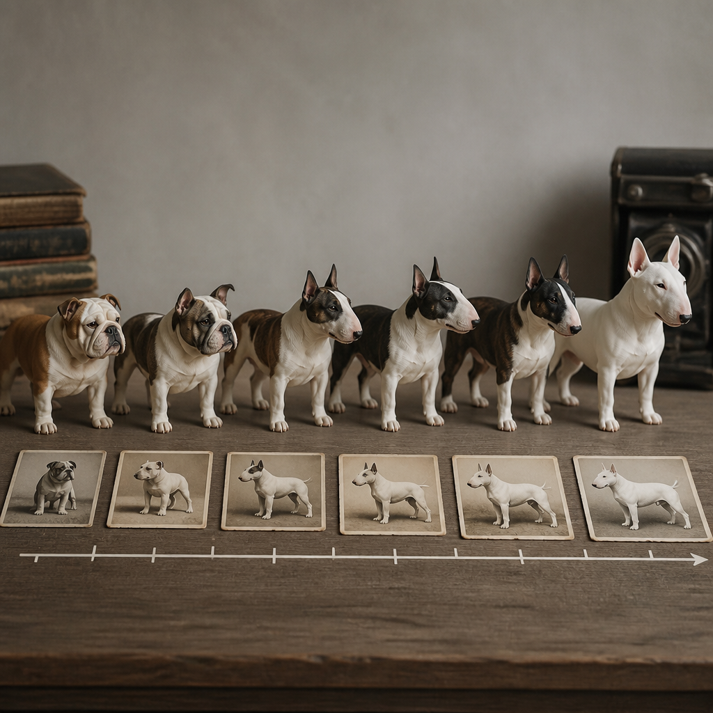 Frise chronologique illustrée de l'histoire du Bull Terrier, du croisement bulldog et terrier du XIXe siècle jusqu'au type moderne à tête ovale