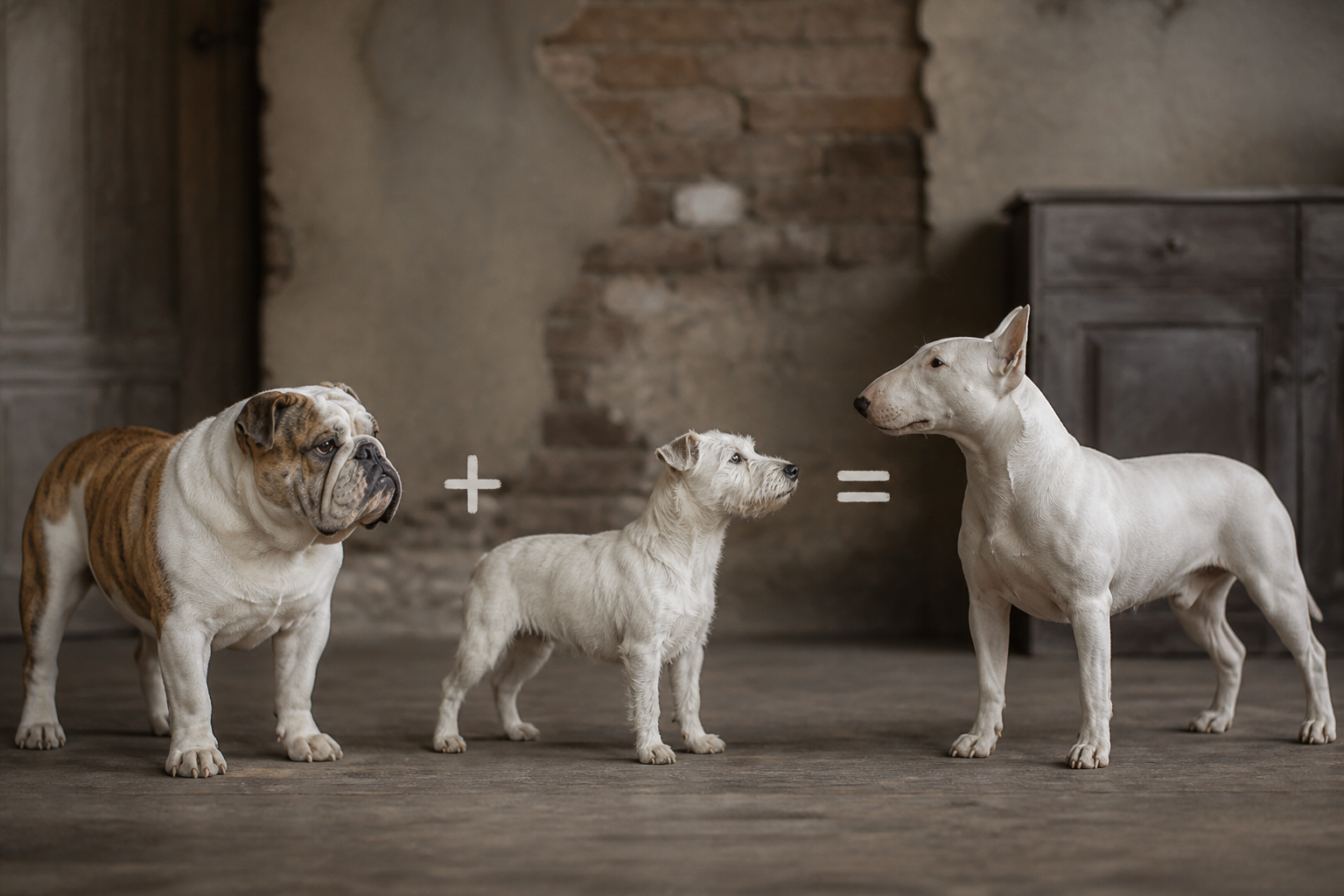 Illustration documentaire du croisement fondateur du Bull Terrier : silhouette du bulldog ancien, du terrier blanc anglais et du Bull Terrier obtenu