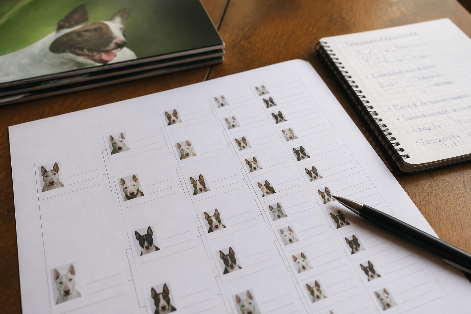 Pedigree pédagogique fictif de Bull Terrier sur quatre générations avec annotations de lecture en marge