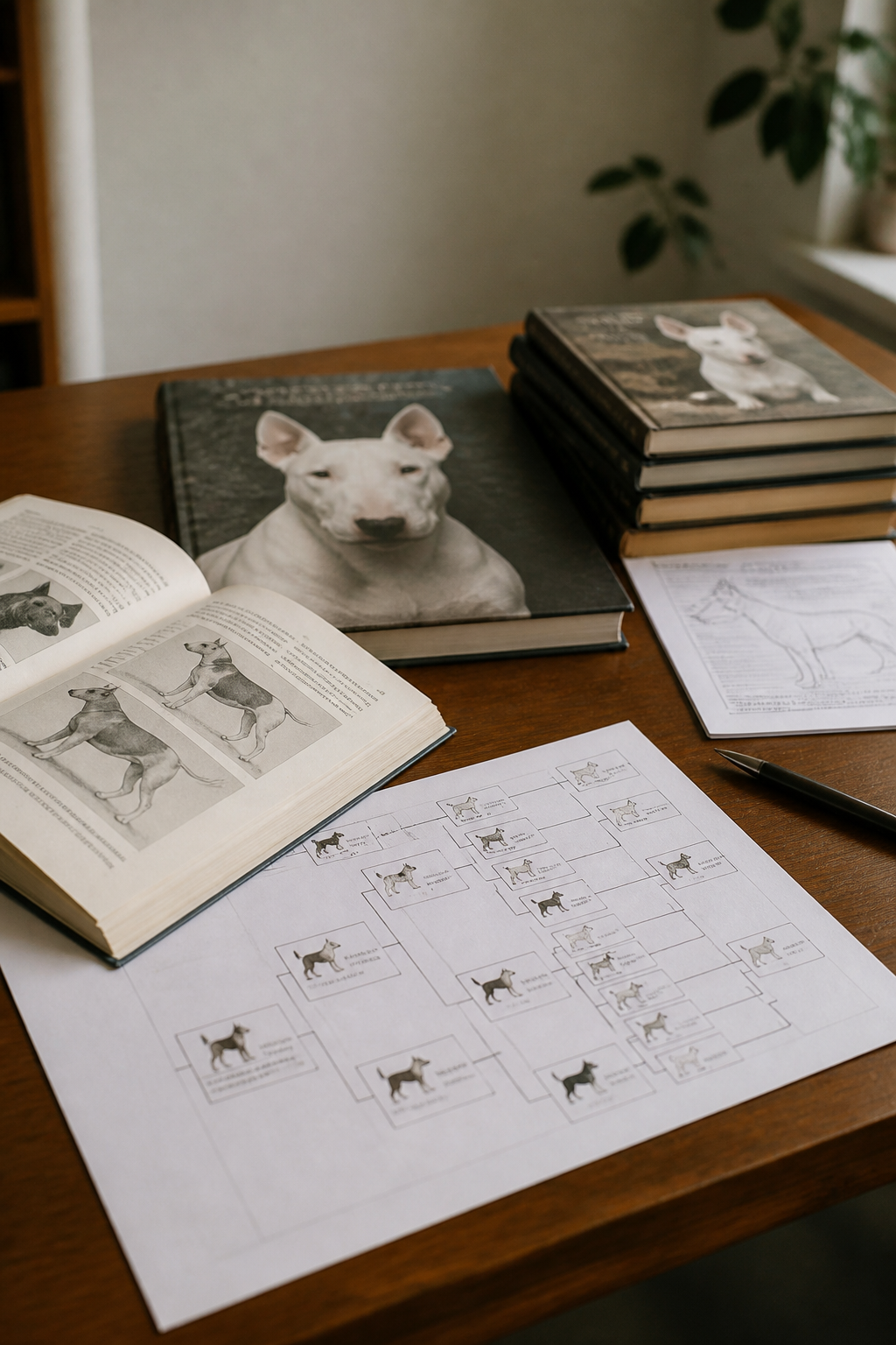Illustration documentaire d'une table de travail avec ouvrages de cynologie, standard imprimé et tableau généalogique