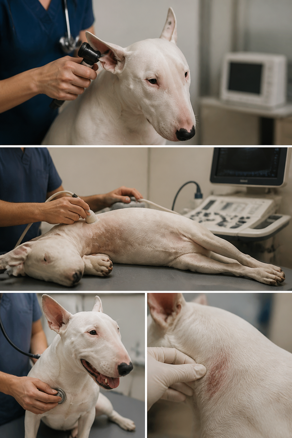 Planche documentaire de santé canine présentant les principaux dépistages pratiqués chez le Bull Terrier : audition, reins, coeur, peau
