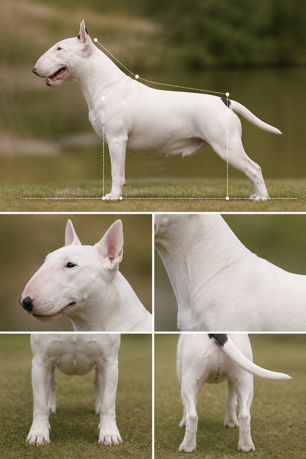 Planche morphologique documentaire du Bull Terrier avec repères de standard annotés : tête, encolure, ligne de dos, aplombs