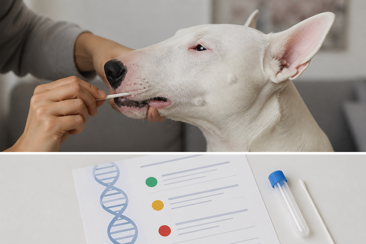 Illustration documentaire d'un prélèvement ADN buccal sur un chien adulte et d'un rapport de résultat génétique sain porteur atteint